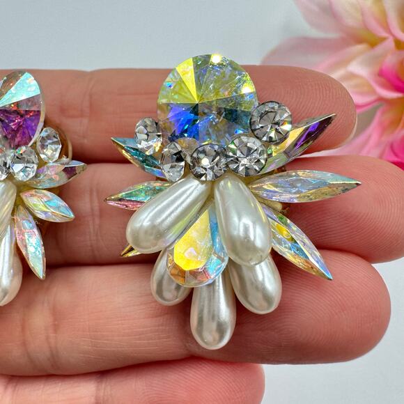 Vintage Rhinestone Earrings AB Rivoli Navettes Runway Ballroom Faux Pearls Bling - Picture 11 of 17